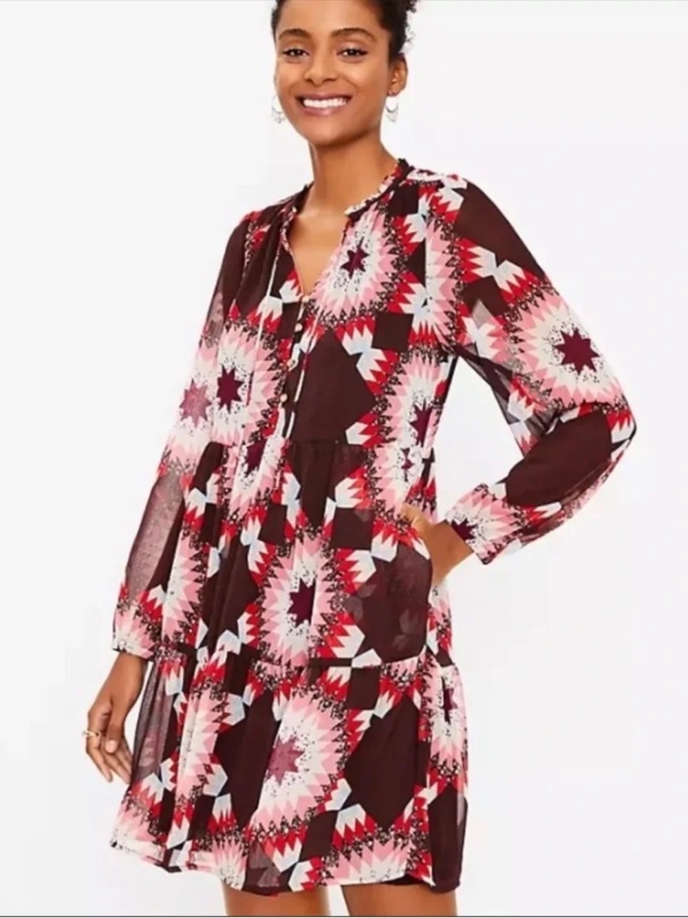 LOFT Large L Dress Tiered Quilt Geometric Star Print Chiffon Long Sleeve Boho